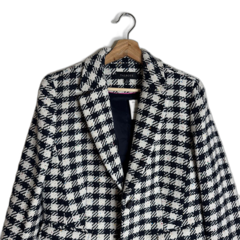 Talbots Blazer Womens 10 Black White Houndstooth Wool Blend Tweed Jacket office - Picture 3 of 12